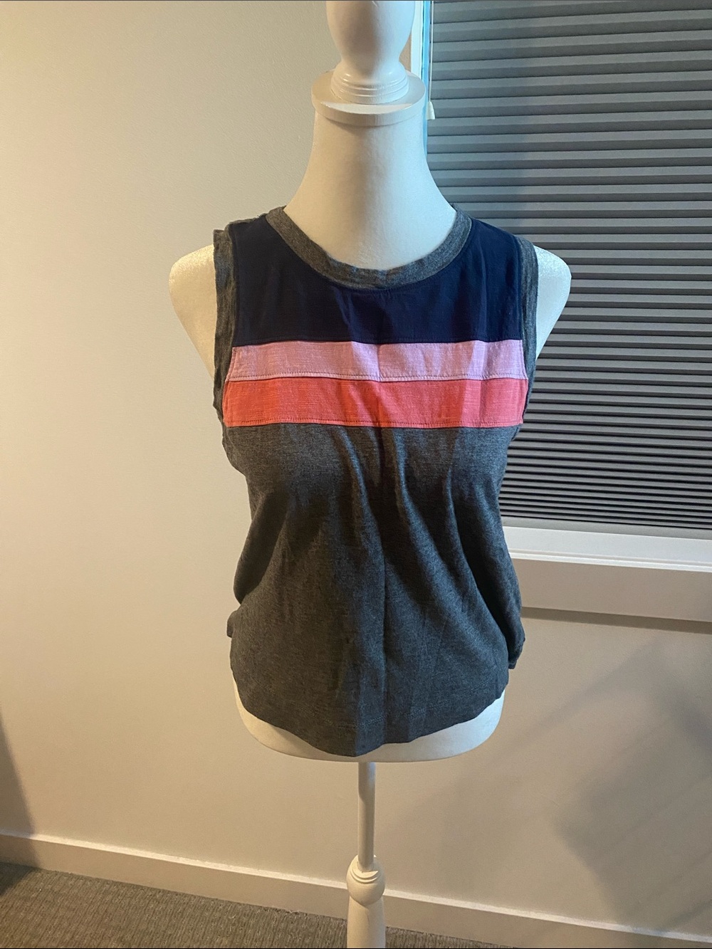 Evereve Sleeveless Crewneck Tank in Gray with Navy & Pink Stripes